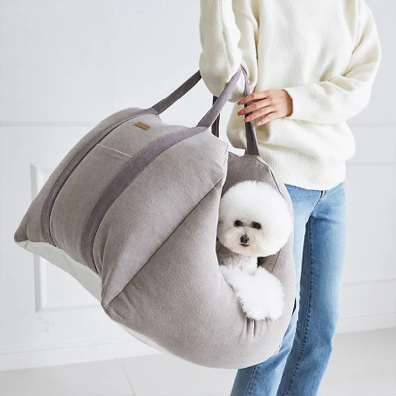 Pet dog car carrier seat basket in grey cloth with mesh panels for breathable travel