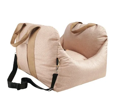 Pet dog car carrier seat basket in grey cloth with mesh panels for breathable travel