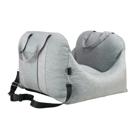 Pet dog car carrier seat basket in grey cloth with mesh panels for breathable travel