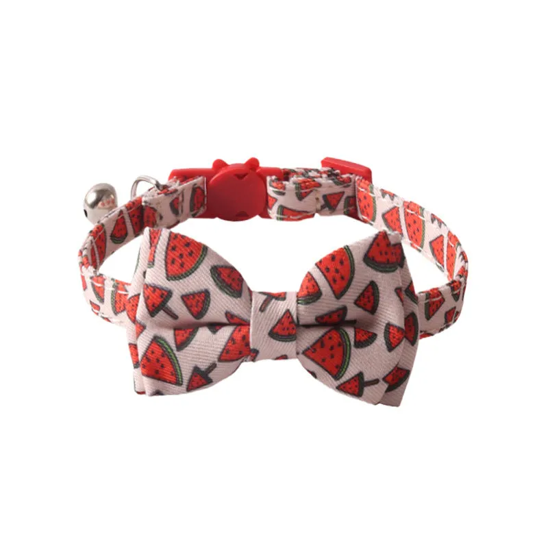 Fruit series pet collar with bell in peach fabric leather, adjustable 1.0x28cm, watermelon bow style
