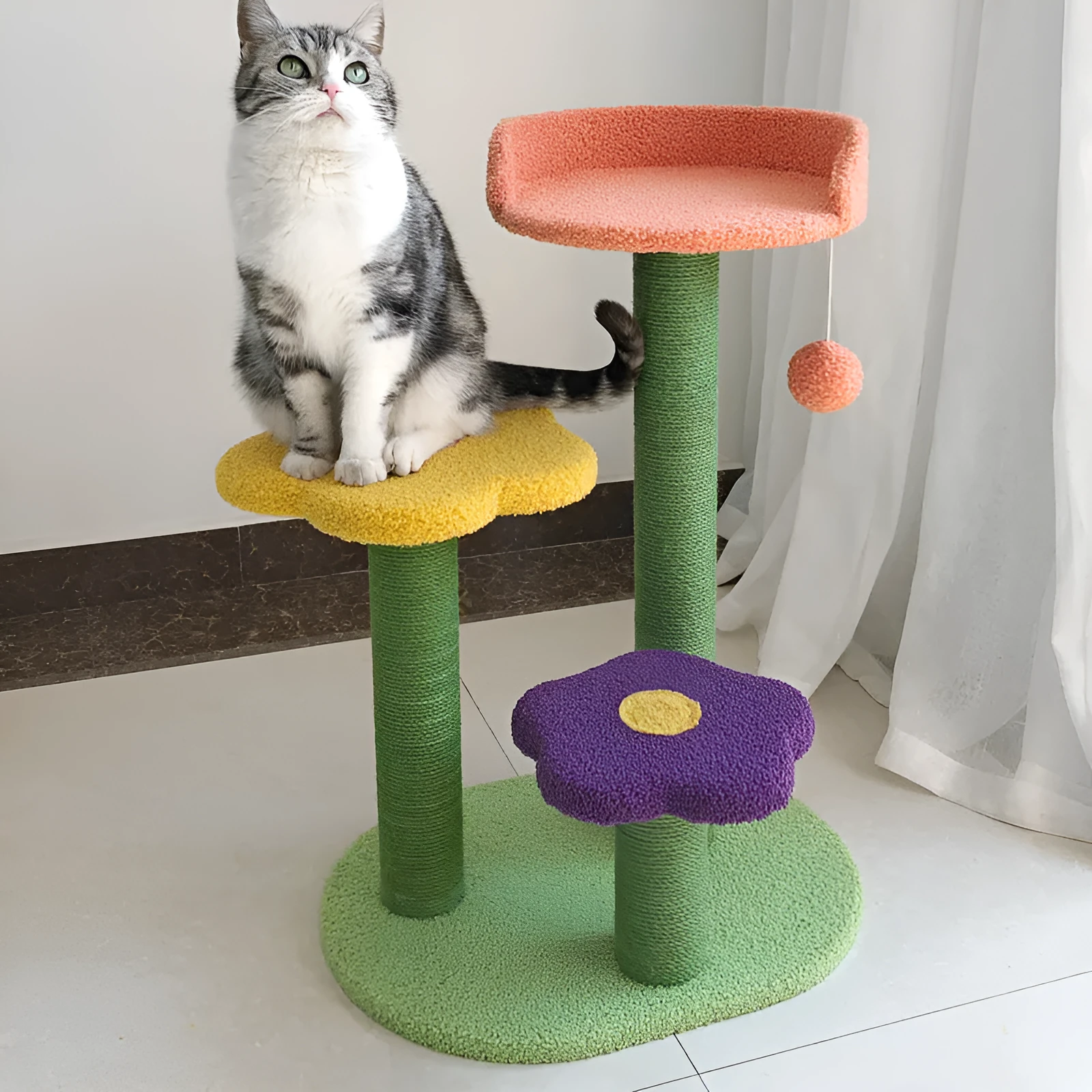 Cat tower with sisal scratching posts, 28 inch stable climbing tree for indoor cats, backrest style