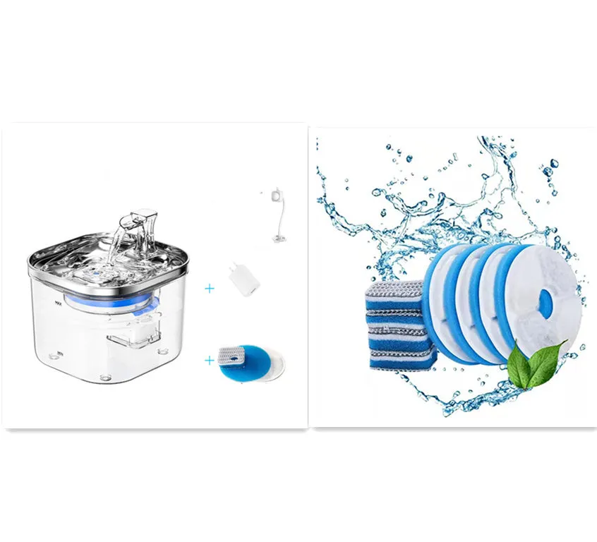 304 stainless steel automatic pet water fountain with 2L capacity and transparent base for multiple pets