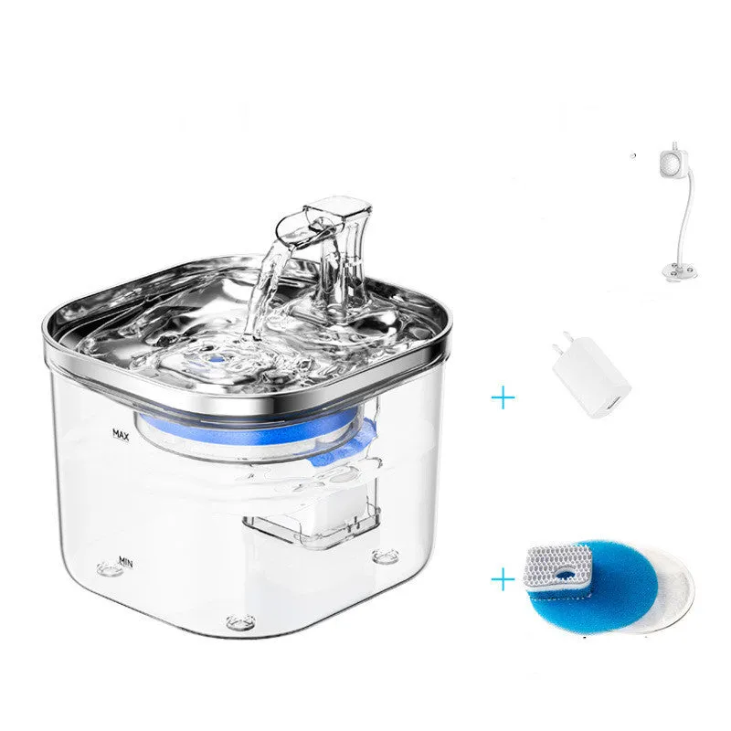 304 stainless steel automatic pet water fountain with 2L capacity and transparent base for multiple pets