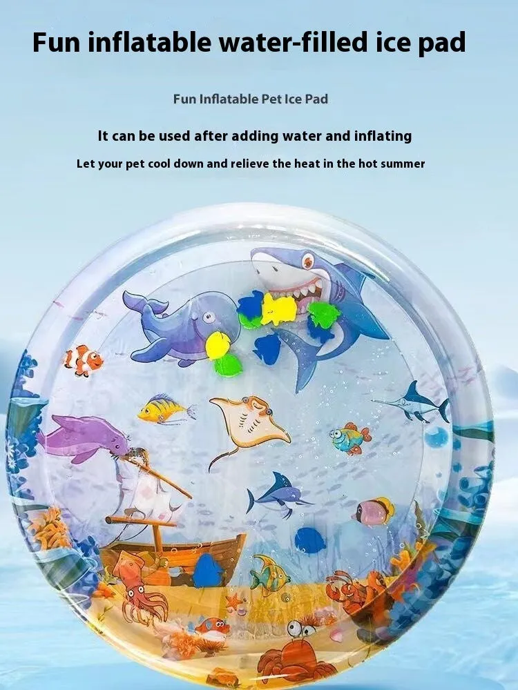 Summer cooling pet water bed cushion PVC inflatable ice pad with fish design for dogs and cats 65cm size