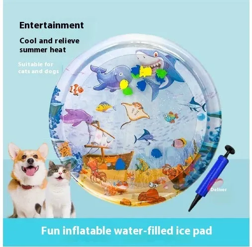 Summer cooling pet water bed cushion PVC inflatable ice pad with fish design for dogs and cats 65cm size