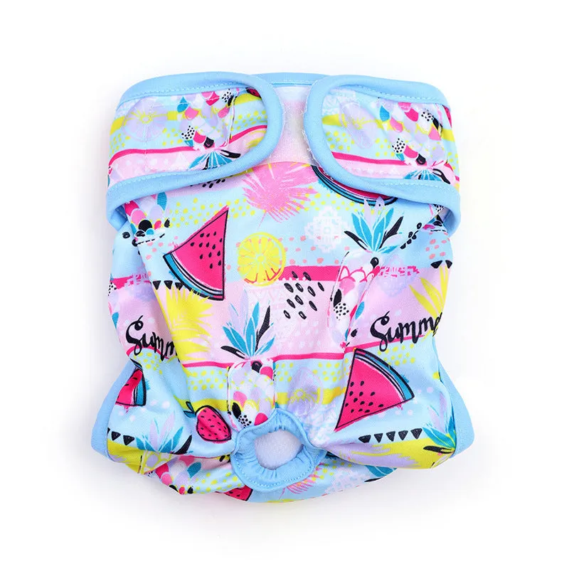 Cloth dog menstrual panties in pink watermelon with cartoon print on white background