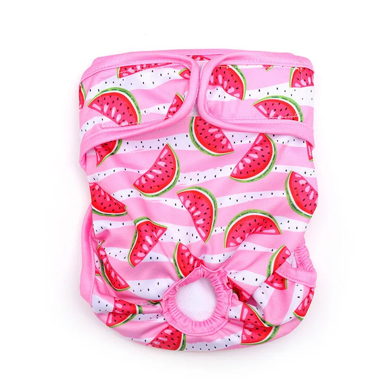 Cloth dog menstrual panties in pink watermelon with cartoon print on white background