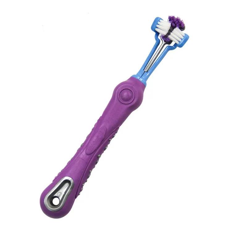 Three-sided pet toothbrush with PP TPR handle and nylon bristles in green colour on white background