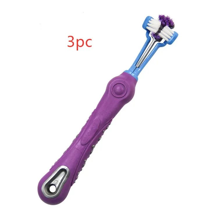 Three-sided pet toothbrush with PP TPR handle and nylon bristles in green colour on white background