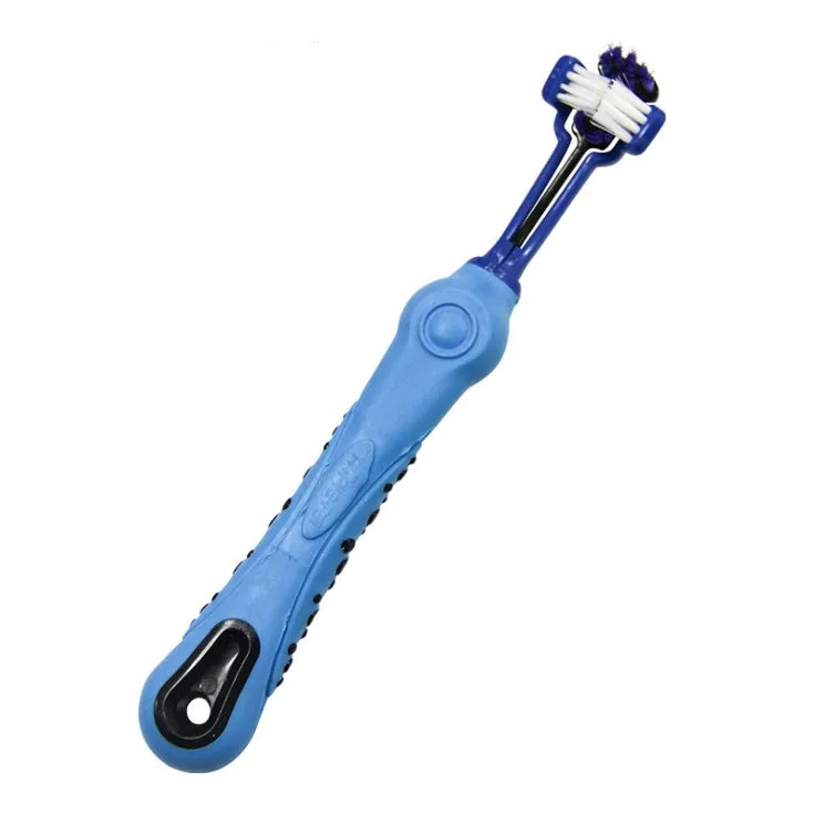 Three-sided pet toothbrush with PP TPR handle and nylon bristles in green colour on white background