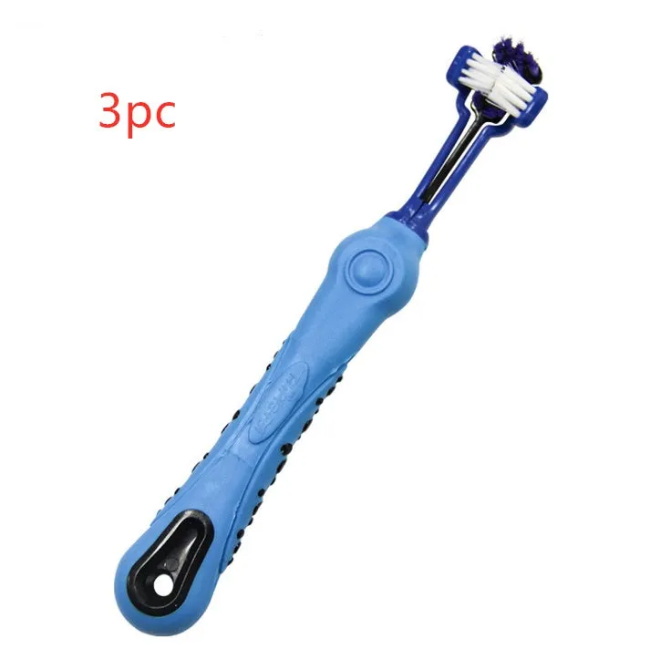 Three-sided pet toothbrush with PP TPR handle and nylon bristles in green colour on white background