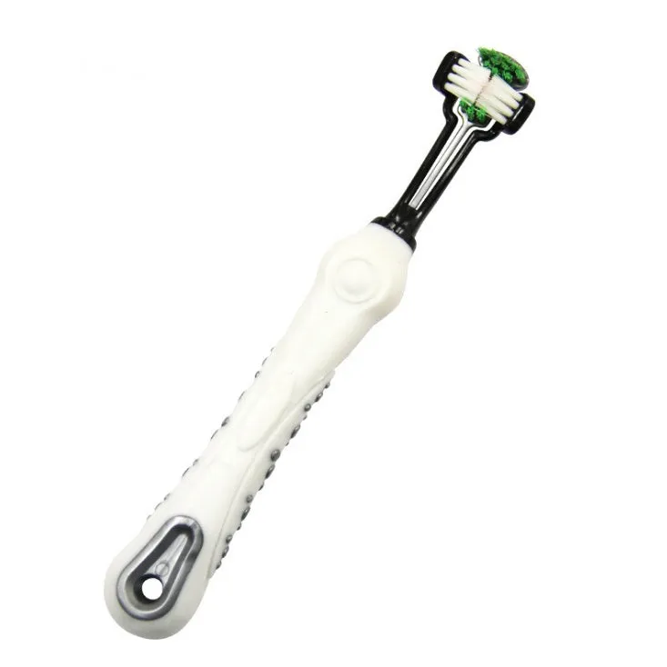 Three-sided pet toothbrush with PP TPR handle and nylon bristles in green colour on white background