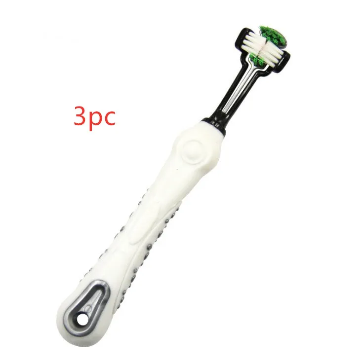Three-sided pet toothbrush with PP TPR handle and nylon bristles in green colour on white background