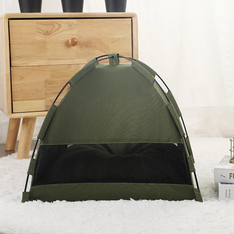 Pet tent cooling mat bed with cushion for dog or cat, military green, portable travel pet bed in L size