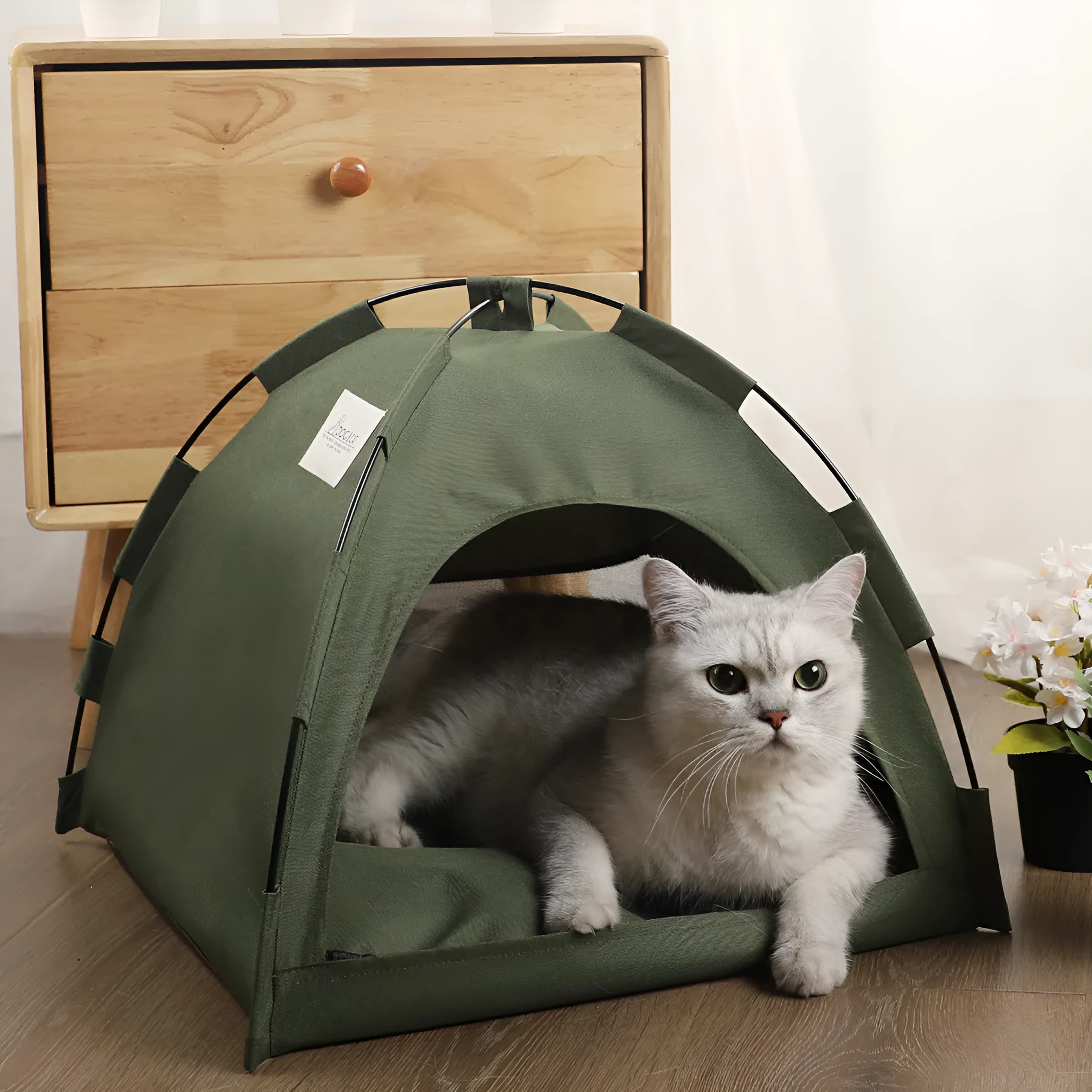 Pet tent cooling mat bed with cushion for dog or cat, military green, portable travel pet bed in L size