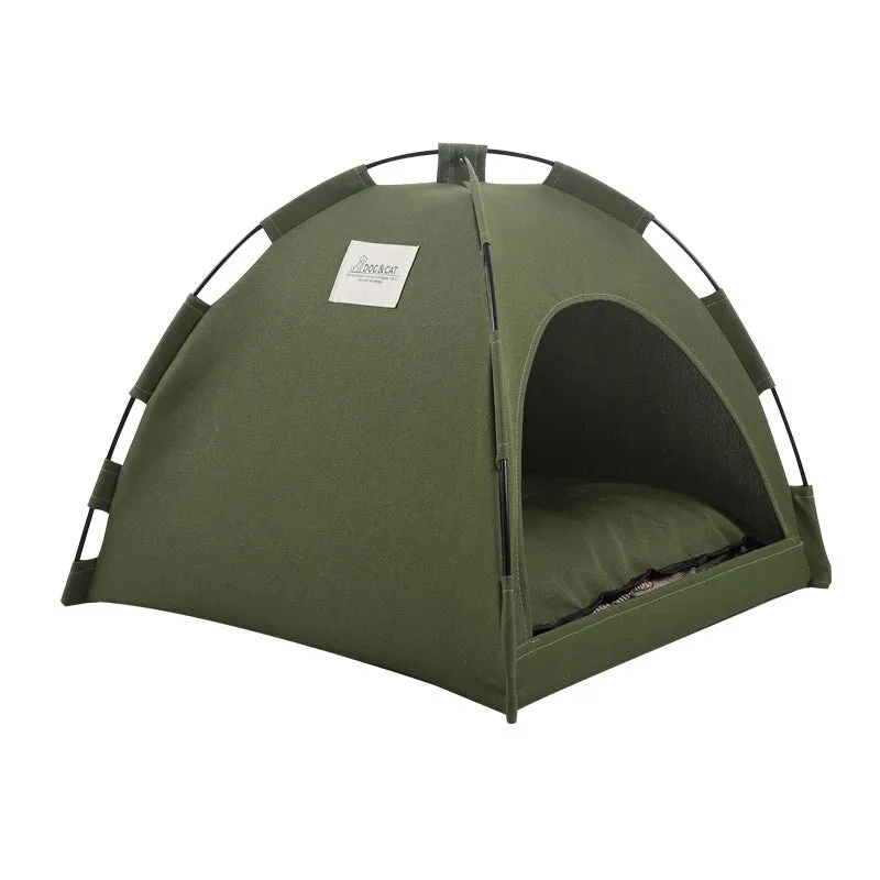 Pet tent cooling mat bed with cushion for dog or cat, military green, portable travel pet bed in L size