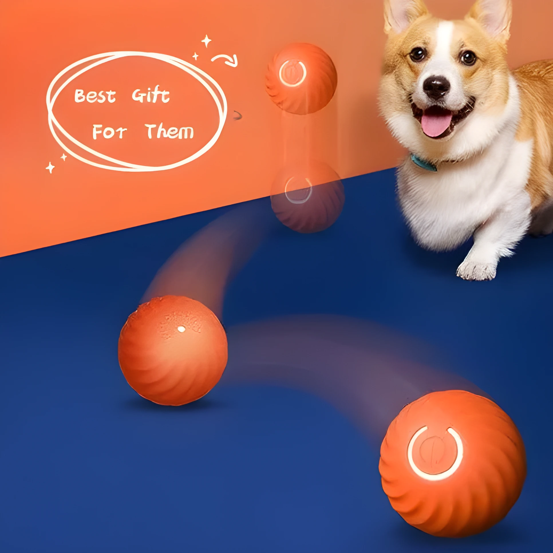 Blue USB rechargeable rubber dog ball toy 67mm on a light background