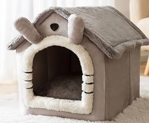 Foldable dog house pet cat bed in cave style with self-warming plush fur and non-slip bottom, available in multiple colours and sizes