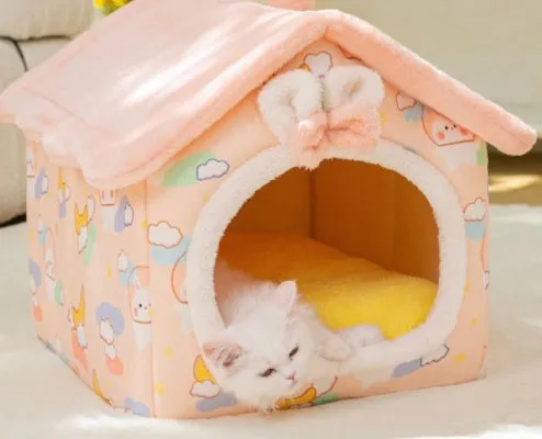 Foldable dog house pet cat bed in cave style with self-warming plush fur and non-slip bottom, available in multiple colours and sizes