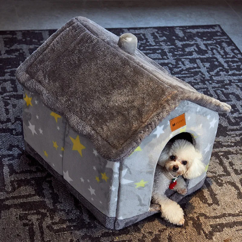 Foldable dog house pet cat bed in cave style with self-warming plush fur and non-slip bottom, available in multiple colours and sizes