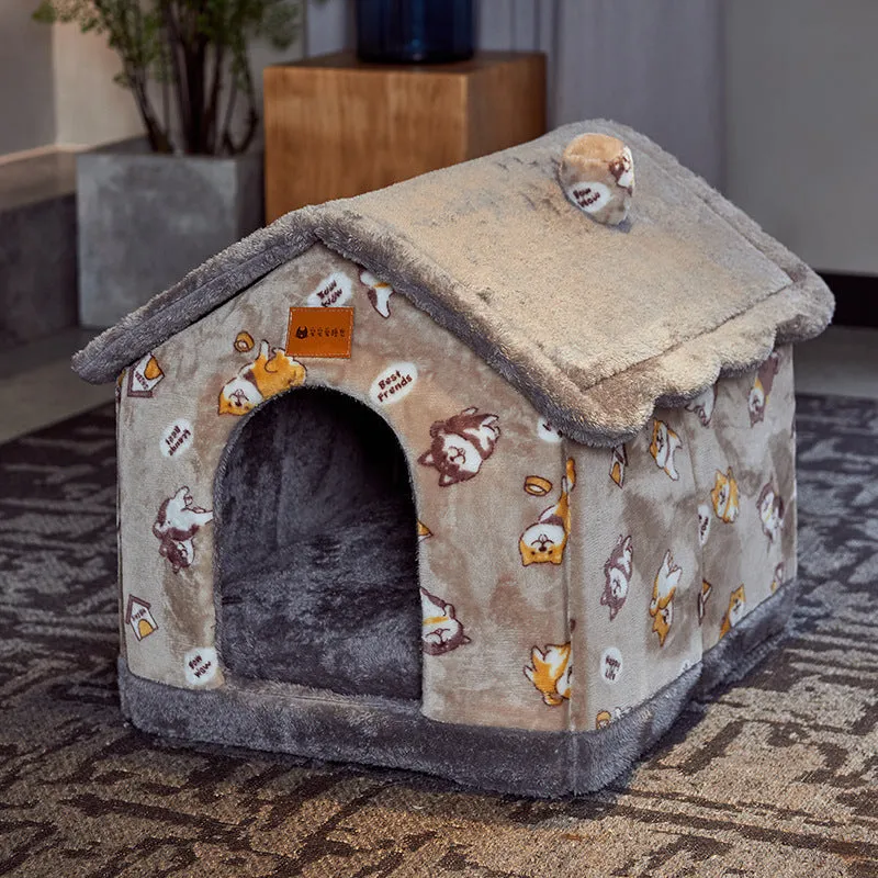 Foldable dog house pet cat bed in cave style with self-warming plush fur and non-slip bottom, available in multiple colours and sizes