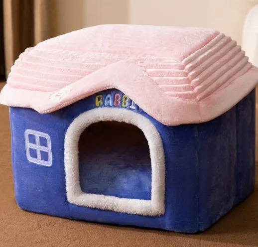 Foldable dog house pet cat bed in cave style with self-warming plush fur and non-slip bottom, available in multiple colours and sizes