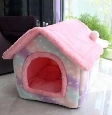 Foldable dog house pet cat bed in cave style with self-warming plush fur and non-slip bottom, available in multiple colours and sizes