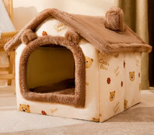 Foldable dog house pet cat bed in cave style with self-warming plush fur and non-slip bottom, available in multiple colours and sizes