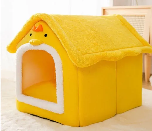 Foldable dog house pet cat bed in cave style with self-warming plush fur and non-slip bottom, available in multiple colours and sizes