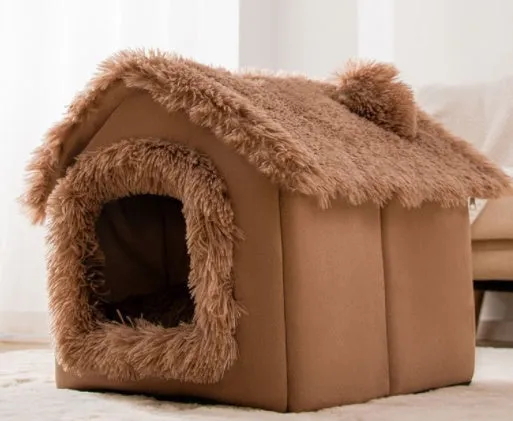 Foldable dog house pet cat bed in cave style with self-warming plush fur and non-slip bottom, available in multiple colours and sizes