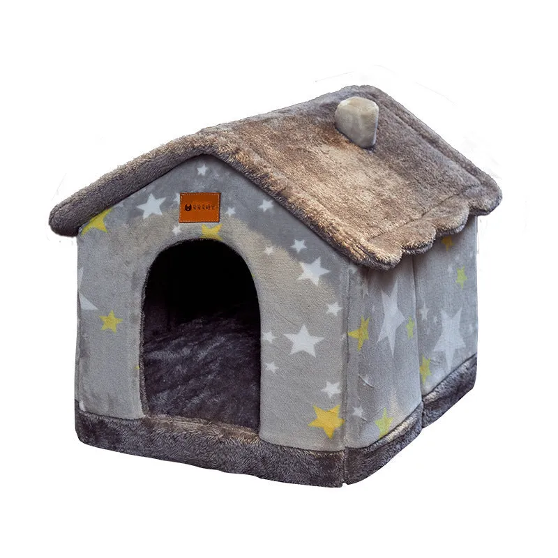 Foldable dog house pet cat bed in cave style with self-warming plush fur and non-slip bottom, available in multiple colours and sizes