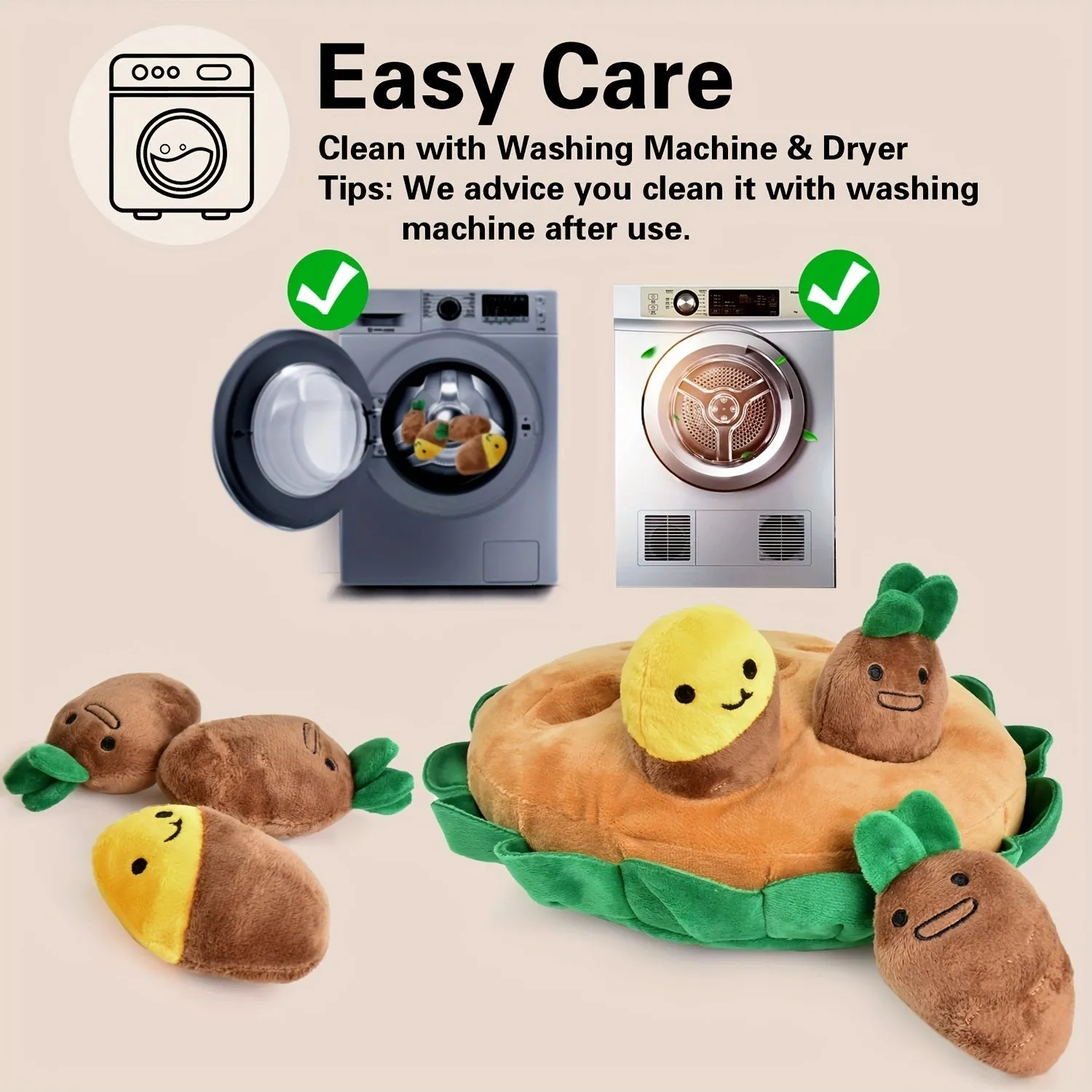 Yellow interactive dog puzzle toy with removable squeaky plush toys on foraging pad