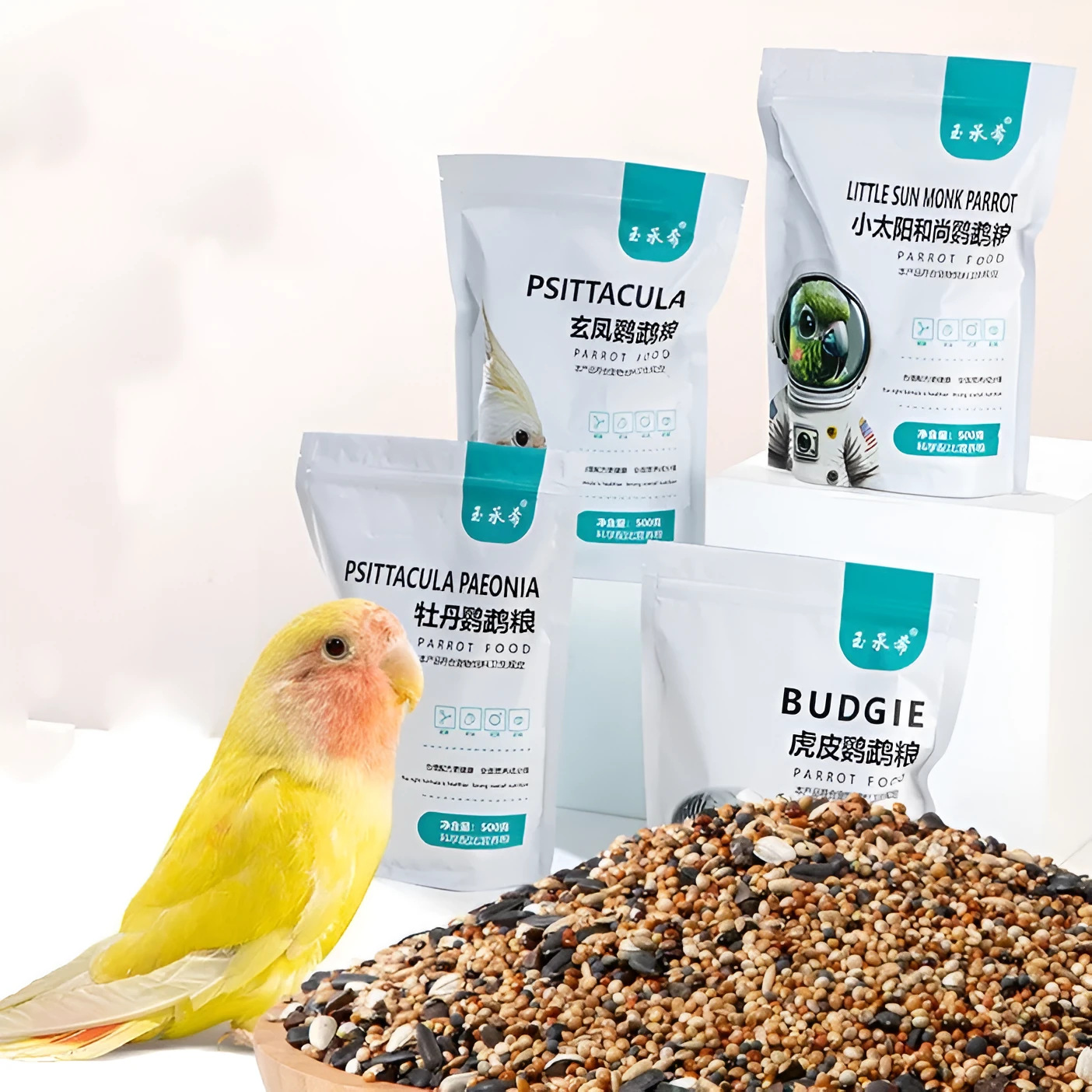 500g bird feed seed blend for peony parrots, Xuanfeng, and small sun conures in a plastic bag