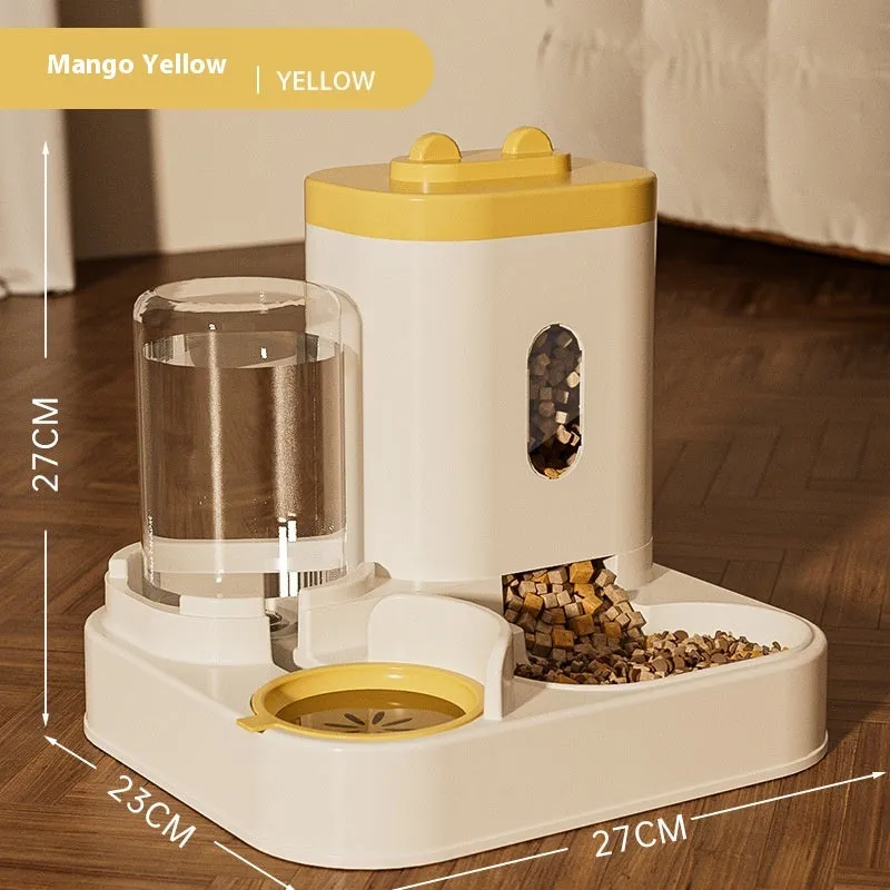 Automatic pet feeder with water dispenser in grey, second generation slide cover, plastic construction for dogs and cats
