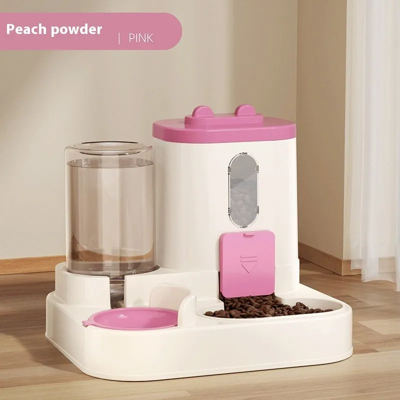 Automatic pet feeder with water dispenser in grey, second generation slide cover, plastic construction for dogs and cats
