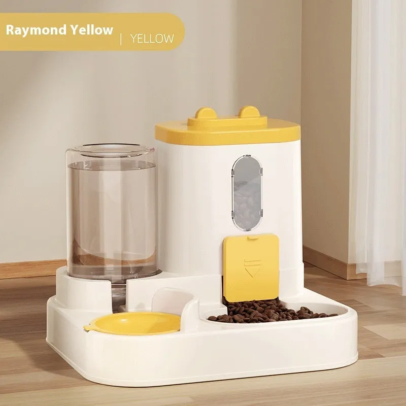 Automatic pet feeder with water dispenser in grey, second generation slide cover, plastic construction for dogs and cats