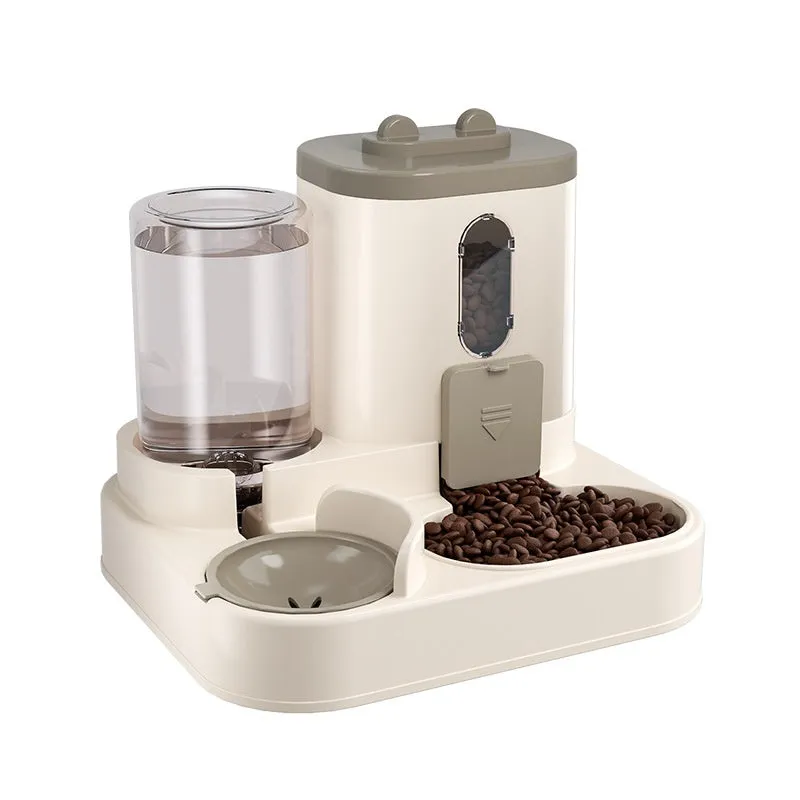 Automatic pet feeder with water dispenser in grey, second generation slide cover, plastic construction for dogs and cats