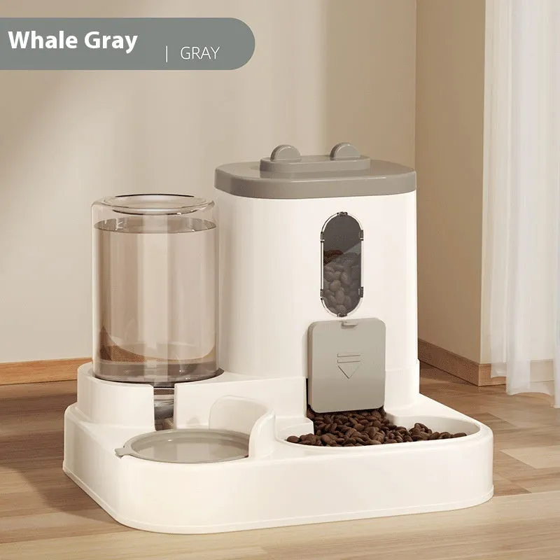 Automatic pet feeder with water dispenser in grey, second generation slide cover, plastic construction for dogs and cats