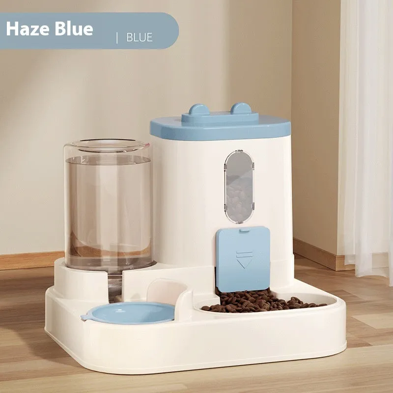 Automatic pet feeder with water dispenser in grey, second generation slide cover, plastic construction for dogs and cats
