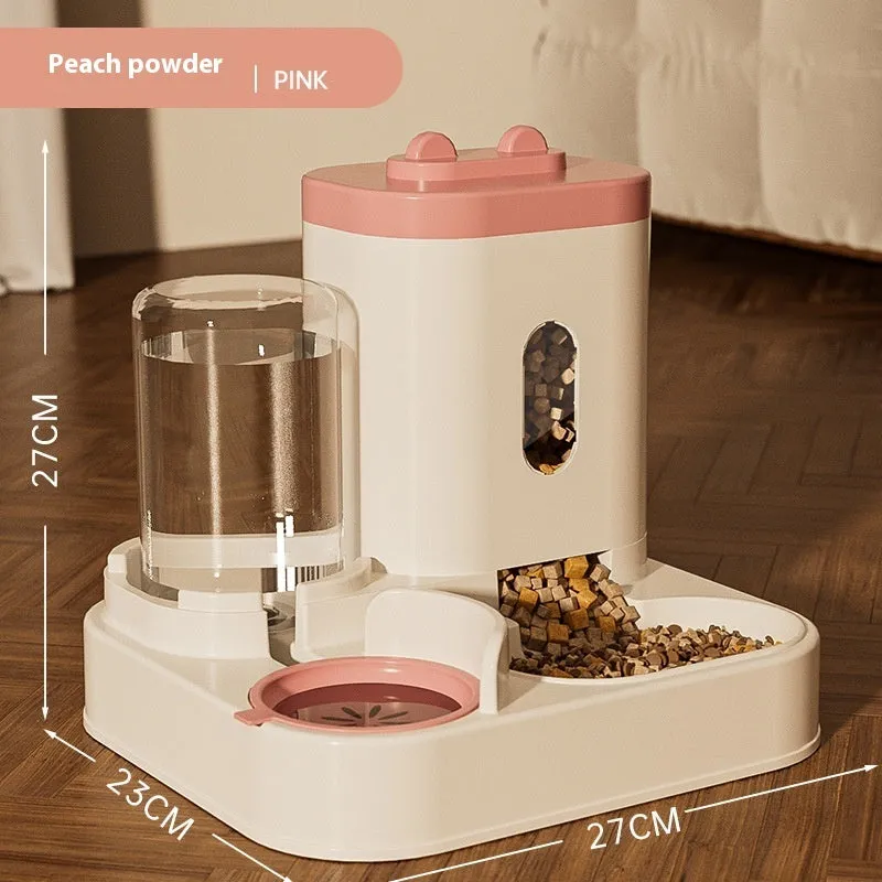 Automatic pet feeder with water dispenser in grey, second generation slide cover, plastic construction for dogs and cats