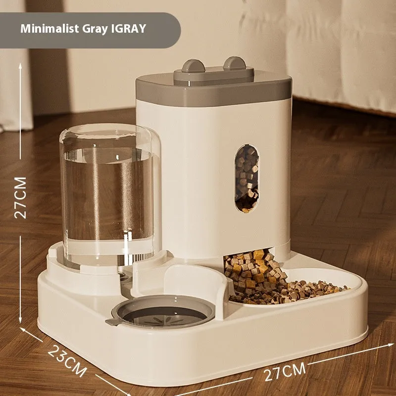 Automatic pet feeder with water dispenser in grey, second generation slide cover, plastic construction for dogs and cats