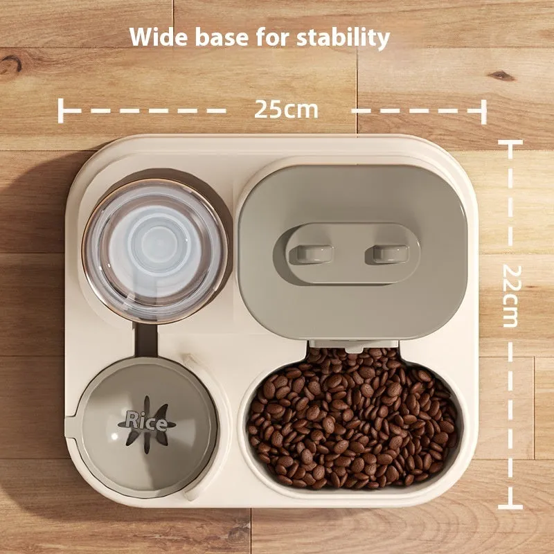 Automatic pet feeder with water dispenser in grey, second generation slide cover, plastic construction for dogs and cats