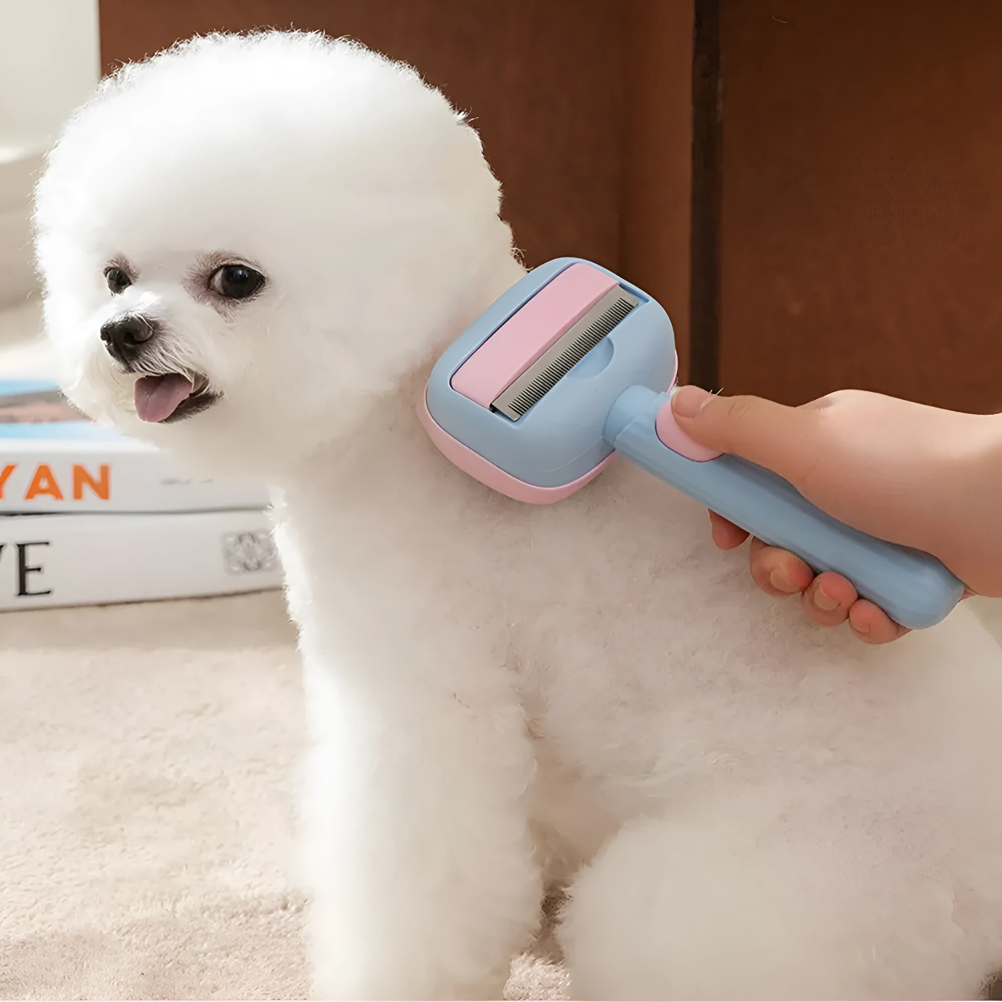 Blue and green double-sided pet grooming brush with dematting comb and undercoat rake on a 195mm handle.