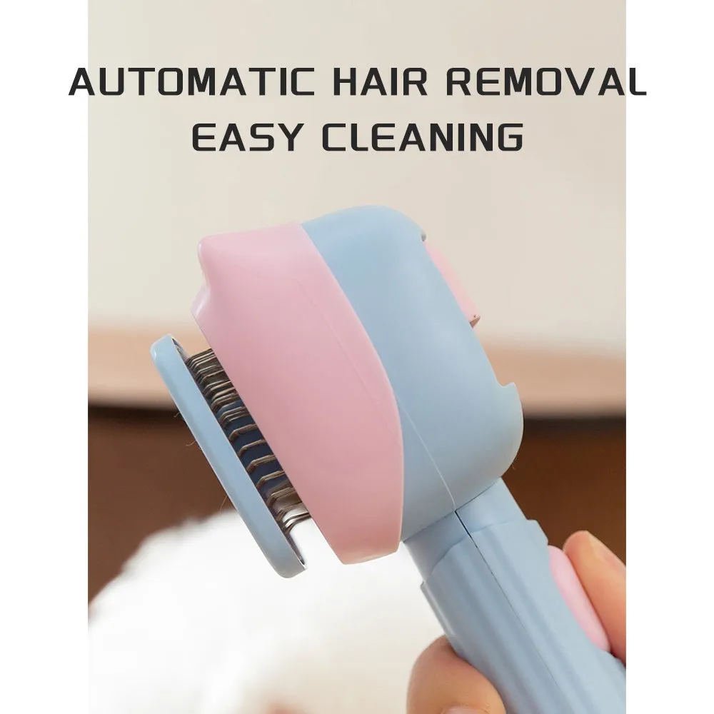 Blue and green double-sided pet grooming brush with dematting comb and undercoat rake on a 195mm handle.