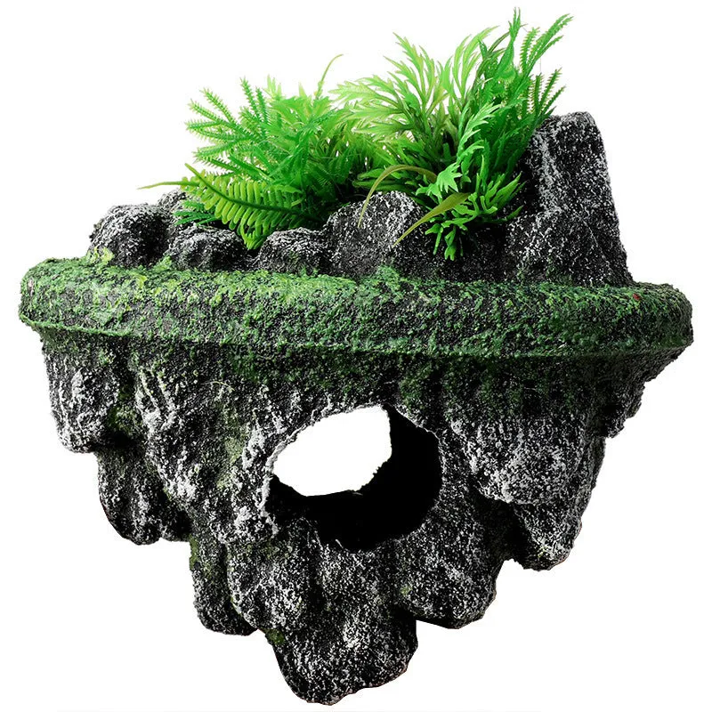 Medium resin fish tank landscaping suspended stone floating ornament with self-floating island option