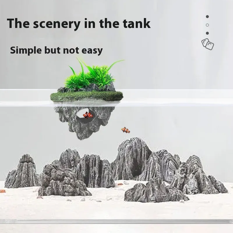 Medium resin fish tank landscaping suspended stone floating ornament with self-floating island option