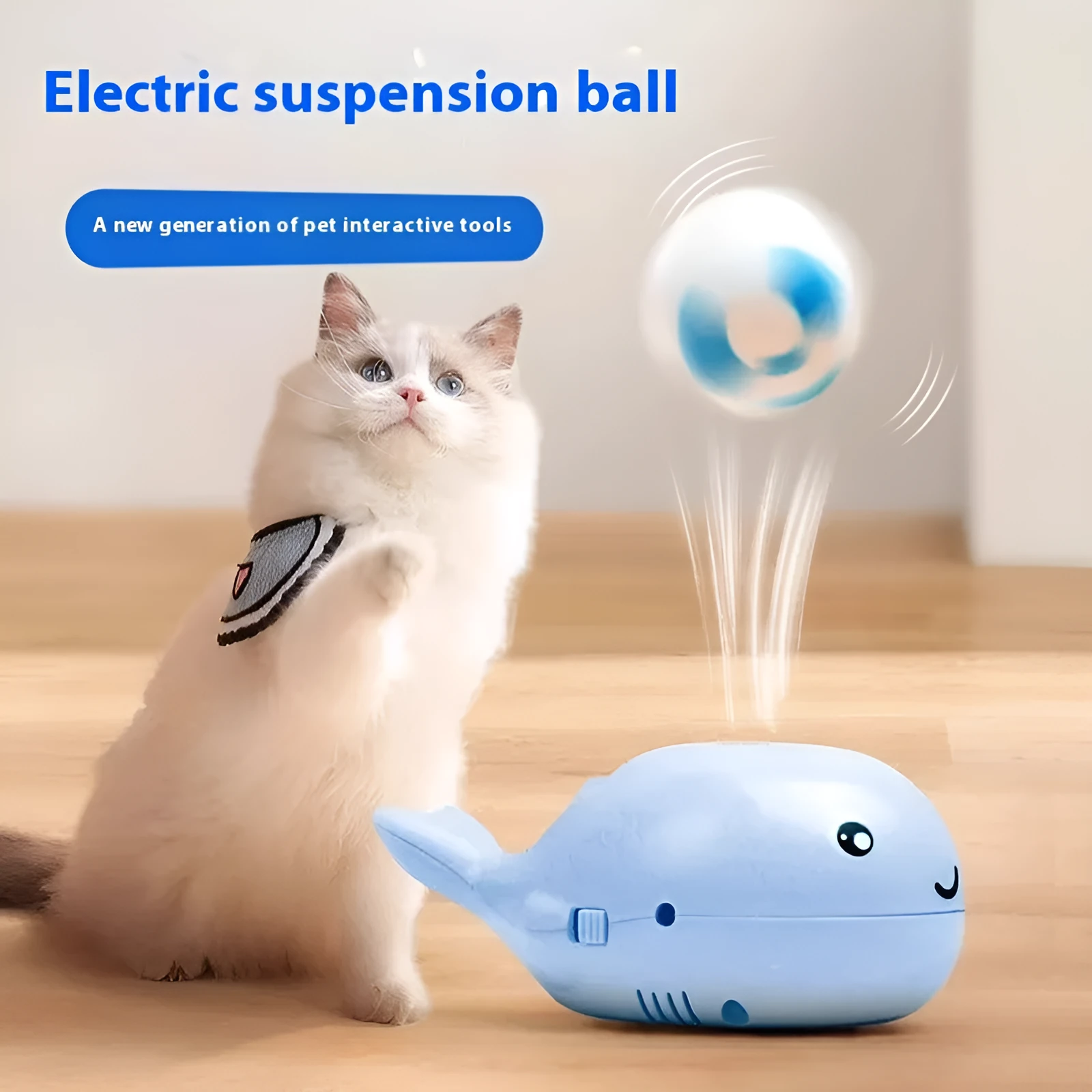 Home fashion suspension cat toy with plastic body and blue balls, USB charging port visible