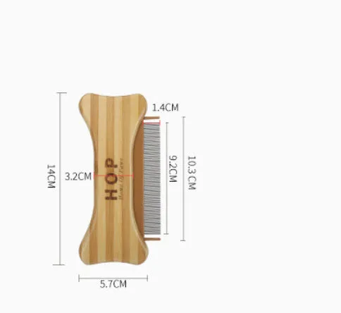 Double-sided bamboo dog comb with needle and flea comb ends, colourful dog bone handle