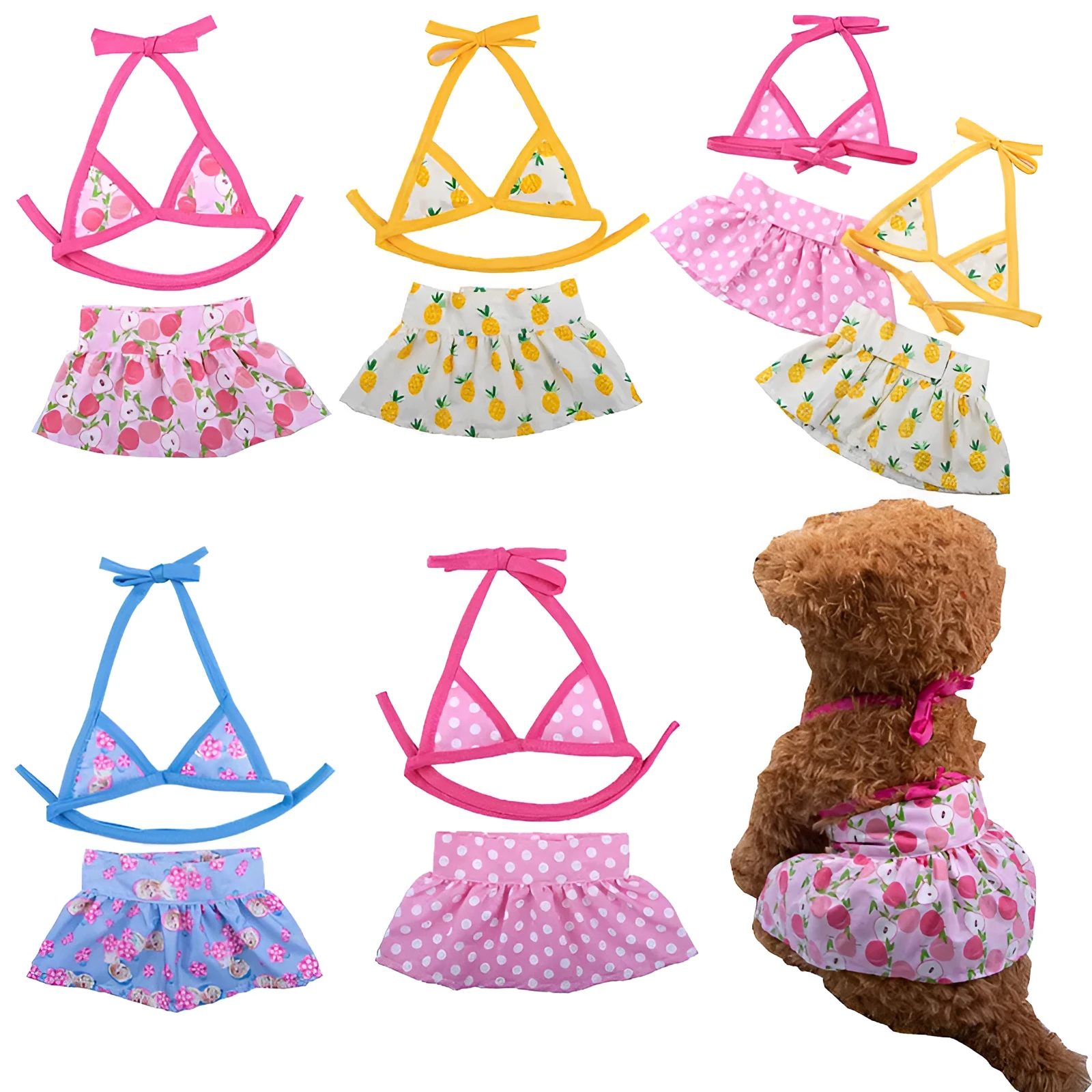 Dog wearing a pink dots polyester bikini suit lying on grass, summer pet clothing