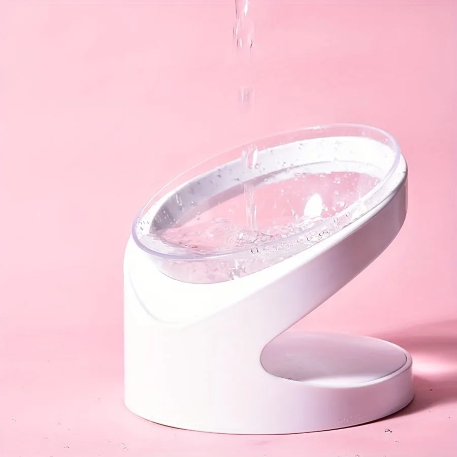White elevated plastic cat feeder bowl with a tilted design for anti-vomit feeding.